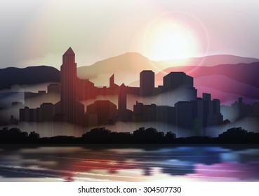 City Skyline at Sunset Reflected in Water - Vector Illustration