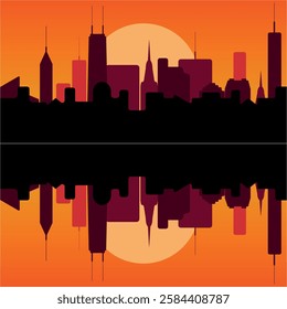 City Skyline sunset reflection Silhouette vector design, Cityscape evening urban panorama, modern urban scene, business or corporate illustration