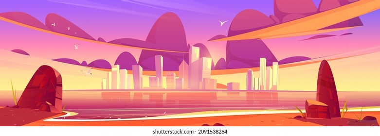 City skyline sunset or sunrise beautiful landscape at sea waterfront, modern megapolis with skyscraper buildings reflecting in water surface under cloudy purple or pink sky Cartoon vector illustration