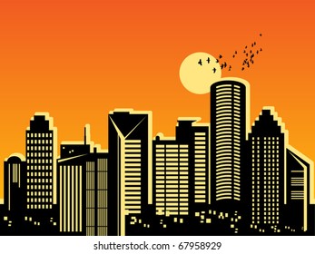 City skyline at sunset, vector illustration