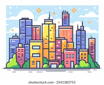 City skyline with tall buildings and a cloudy sky. The buildings are in various colors, including blue, yellow, and pink. The sky is partly cloudy, with some clouds scattered throughout