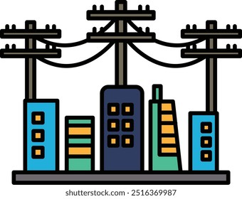 Um horizonte da cidade com edifícios altos e uma linha de energia ao fundo. Cena urbana e industrial, com senso de poder e energia