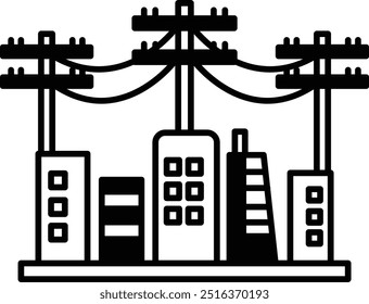 Um horizonte da cidade com edifícios altos e uma linha de energia ao fundo. Cena urbana e industrial, com senso de poder e energia