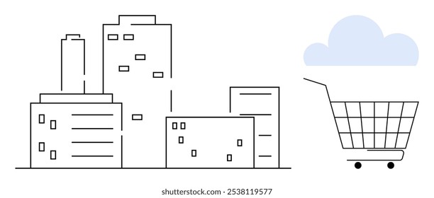 City skyline with tall buildings and a shopping cart below a cloud. Ideal for urban development, online shopping, retail, e-commerce, and city planning. Simple and minimal line art style