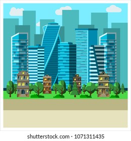 City skyline with tall skyscrapers. Flat design. Vector illustration.