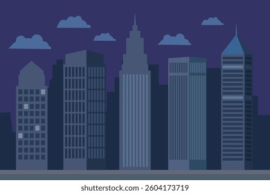 City skyline with tall skyscrapers and modern buildings at night. The scene features a few illuminated windows, suggesting a partial blackout, power outages, blackout. 
