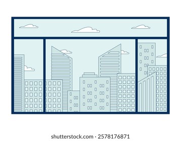 City skyline through window 2D cartoon object. Modern buildings, clouds. Architectural view. Urban landscape. Cityscape isolated element flat vector clipart on white background. Spot illustration