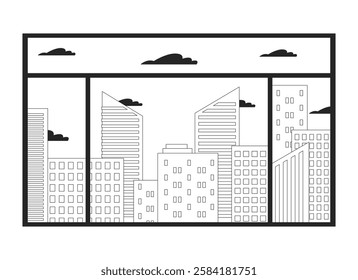 City skyline through window black and white 2D line object. Buildings, clouds. Architectural view. Urban landscape. Cityscape isolated clip art vector outline item. Monochromatic spot illustration