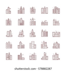 City skyline, urban landscape in linear style, vector icons.  Flat  illustration isolated vector illustration on white background. Linear stokes, easy to edit .
