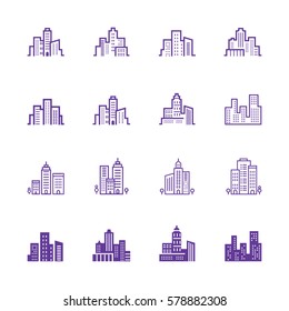 City skyline, urban landscape in linear style, vector icons.  Flat  illustration isolated vector illustration on white background. Linear stokes, easy to edit 