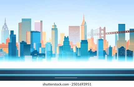 City skyline urban landscape with skyscrapers colorful buildings modern architecture gradient background bridge