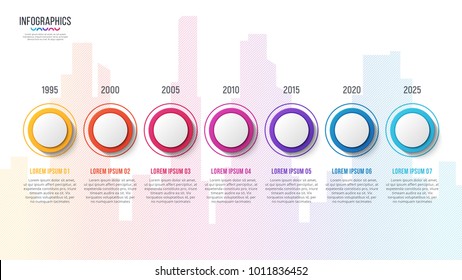City skyline vector 7 steps infographic design, timeline chart, presentation template on white background. Global swatches.