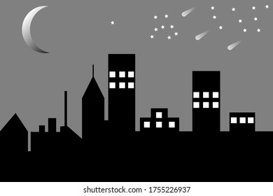 City skyline vector background with moon and star.