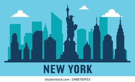 City skyline vector featuring the Statue of Liberty prominently in the foreground, framed by the towering buildings of Manhattan, with the text "New York City" seamlessly integrated into the design.