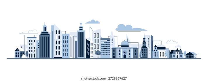 Fondo de Ilustración vectorial del horizonte de la ciudad. Paisaje urbano plano moderno con rascacielos, casas y edificios de oficinas. Panorama arquitectónico azul minimalista para Anuncios de Web y conceptos inmobiliarios