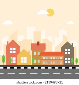 City skyline vector illustration with flat style. urban landscape. Cityscape during the day. Thin line style city panorama.