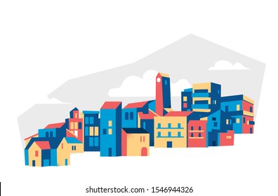 City skyline vector illustration. Random composition of buildings. 