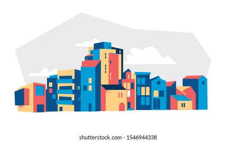 City skyline vector illustration. Random composition of buildings. 