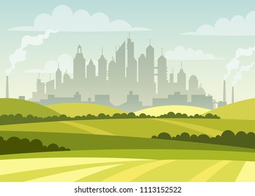 City skyline, vector illustration. Summer urban landscape. Air pollution in the big modern city.