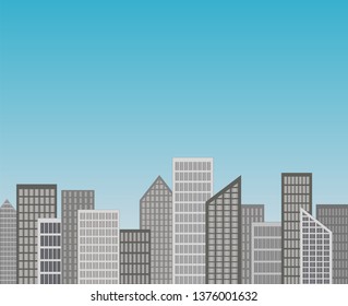 City skyline vector with tall skyscraper buildings and blue sky