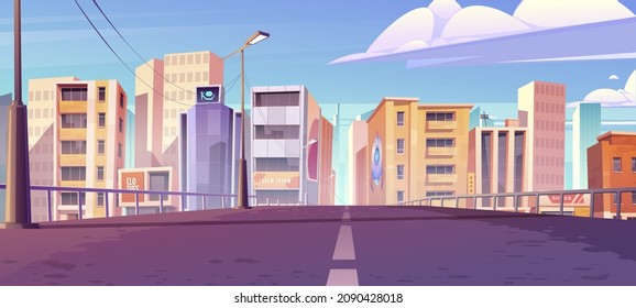City skyline view from bridge, metropolis cityscape with road, skyscraper buildings, urban architecture. House towers under cloudy sky, modern town or downtown district, Cartoon vector illustration