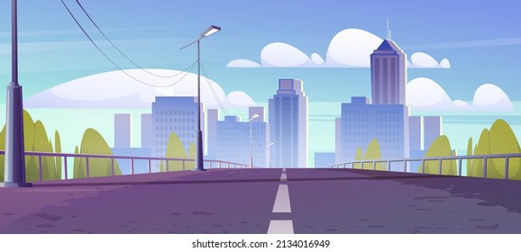 City skyline view from bridge, metropolis cityscape. Street lamps and railings along two-lane road, skyscraper buildings, urban architecture. House towers under cloudy sky, Cartoon vector illustration