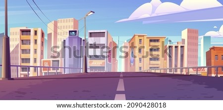 City skyline view from bridge, metropolis cityscape with road, skyscraper buildings, urban architecture. House towers under cloudy sky, modern town or downtown district, Cartoon vector illustration