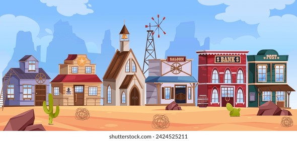 City skyline, western town with wooden houses and rustic architecture. Vector cartoon landscape with buildings, rocks and cacti, sand dunes and desert atmosphere, wild west location for game