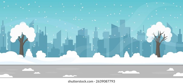 City skyline in winter with snowy trees and silhouette of urban buildings in the foreground.