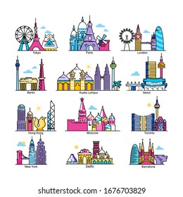 City skyline world famous capital vector illustrations. Cartoon cityscape of European, Asian, American country, colorful big city popular buildings and landmarks, travel isolated flat line icon set