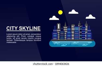 Skylines mit Gebäudesonnenwolke und Fluss