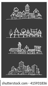 City skylines in cartoon doodle style on chalkboard background