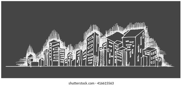 City skylines in cartoon doodle style on chalkboard background