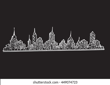 City skylines in cartoon doodle style on chalkboard background