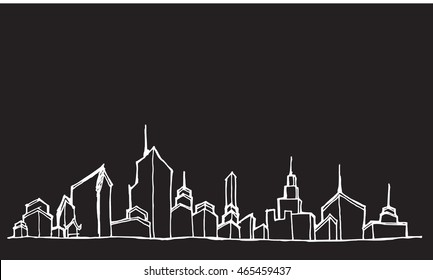 City skylines in cartoon doodle style on chalkboard background