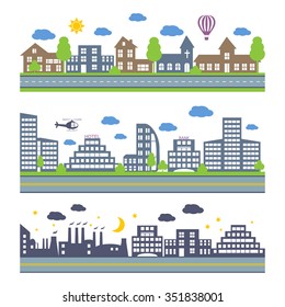 City Skylines. Landscape constructor icons set. Vector elements of town isolated on white. Road elements, city elements, weather and trees icons 