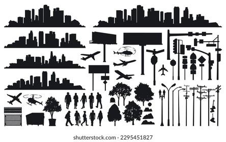 City skylines set logotype monochrome with cityline made of buildings and metropolis residents near trees and street furniture vector illustration