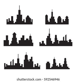 City skylines silhouette, cityscape set, black isolated on white background, vector illustration.