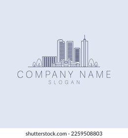 City with skyscapers line art logo design. Silhoette skyline logotype. Luxury real estate logo template.