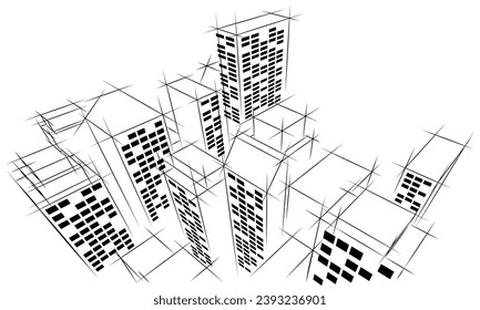 City Skyscraper Background Hand Drawn Outline Thin Line 3d Bird Eye View