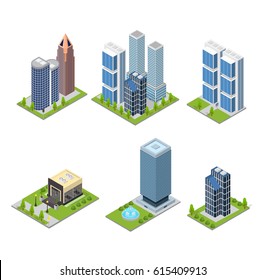 City Skyscraper and Cafe Building Set Isometric View Element Urban Architecture Modern Exterior Facade and Sidewalk. Vector illustration