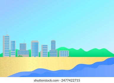 City skyscraper cartoon style vector illustration, summer backdrop