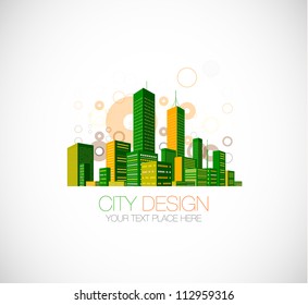 City skyscraper view background with color flying circles. Vector illustration