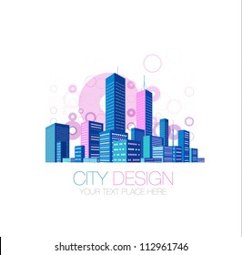 City skyscraper view background with color flying circles. Vector illustration