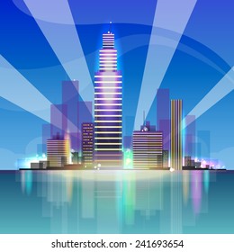 City skyscraper view cityscape background night skyline with spotlights reflecting vector illustration