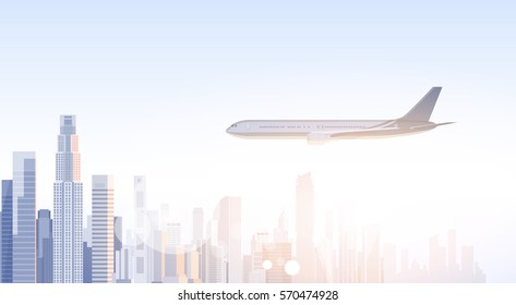 City Skyscraper View Cityscape Flying Plane Skyline Silhouette with Copy Space Infographics Vector Illustration