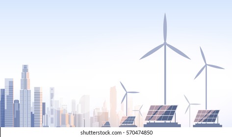 City Skyscraper View Cityscape Wind Tribune Solar Battery Renewable Energy Source Vector Illustration