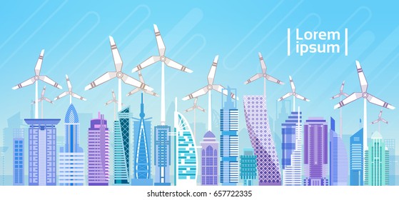 City Skyscraper View Cityscape Wind Tribune Renewable Energy Source Flat Vector Illustration