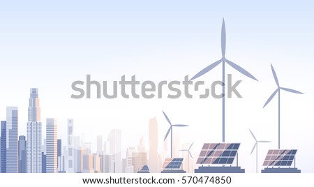 City Skyscraper View Cityscape Wind Tribune Solar Battery Renewable Energy Source Vector Illustration