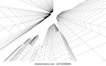 City skyscrapers architectural drawing vector illustration